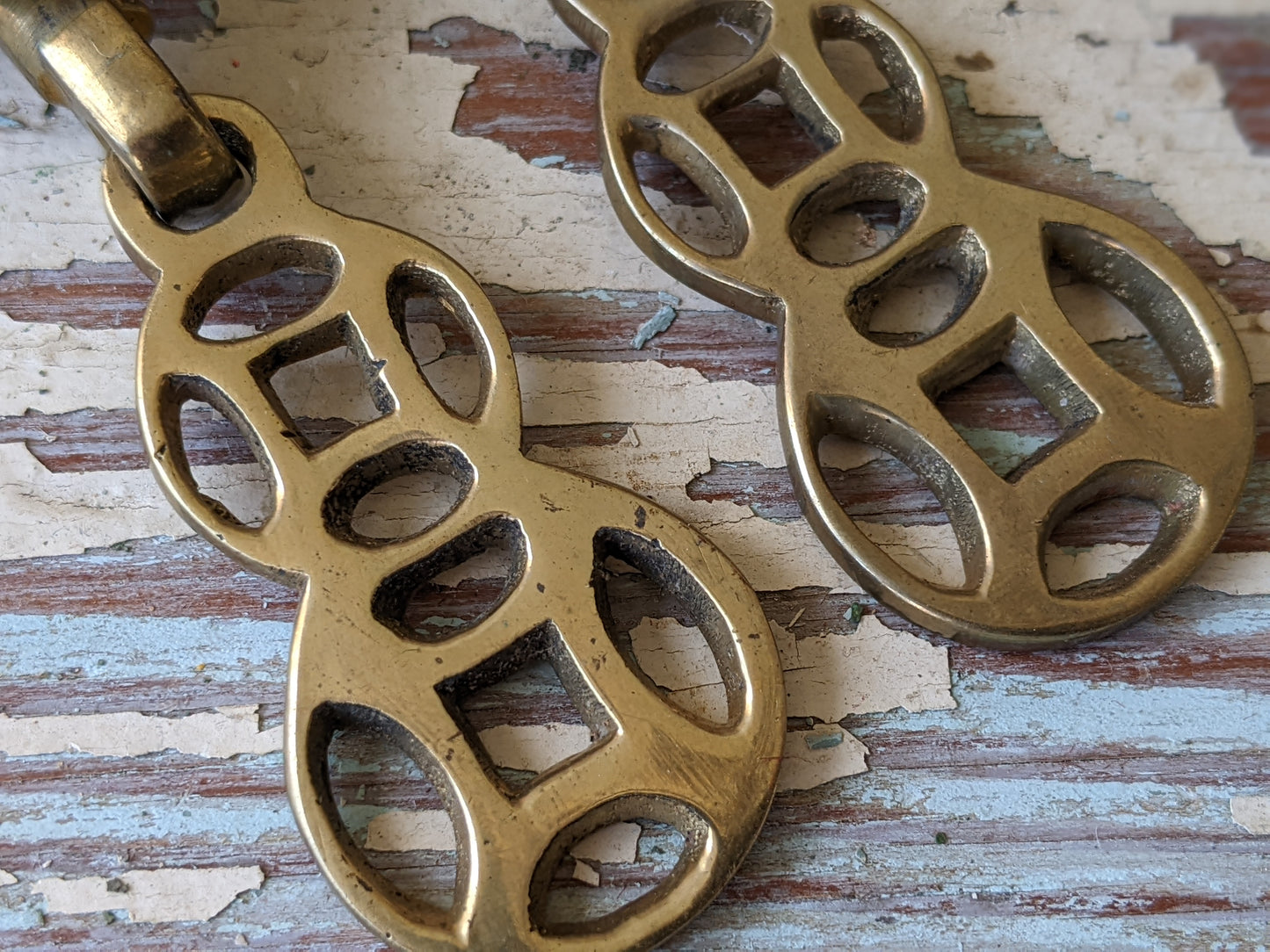 Vintage Asian Style Drawer Pulls w Cast Hinged Pull Brass Plated Finish !! Awesome Vintage Restoration & Creative Hardware !!