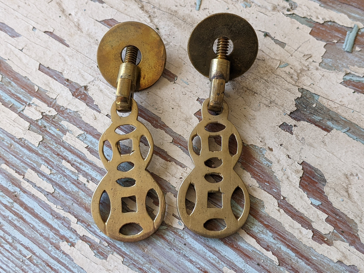 Vintage Asian Style Drawer Pulls w Cast Hinged Pull Brass Plated Finish !! Awesome Vintage Restoration & Creative Hardware !!
