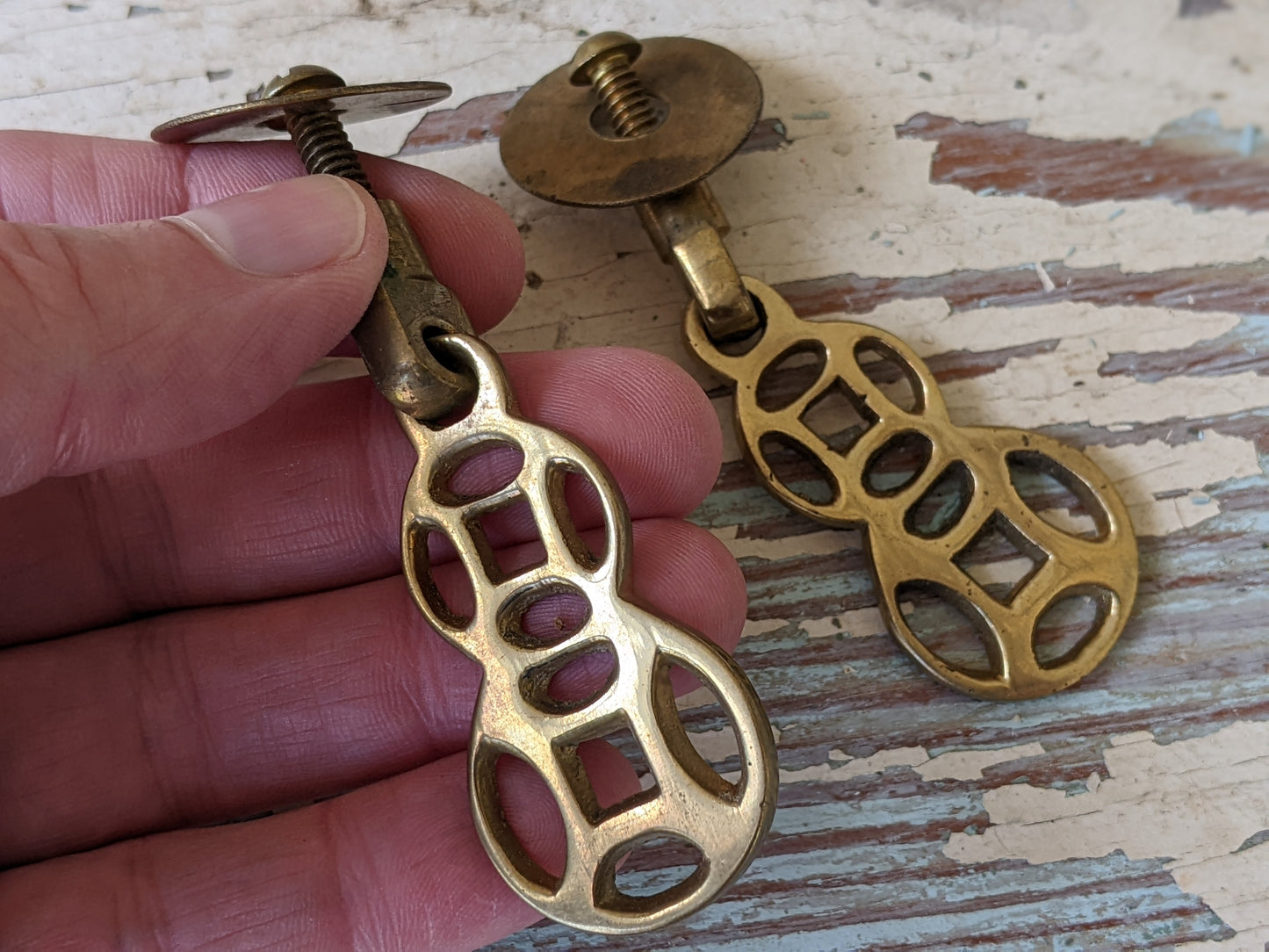 Vintage Asian Style Drawer Pulls w Cast Hinged Pull Brass Plated Finish !! Awesome Vintage Restoration & Creative Hardware !!