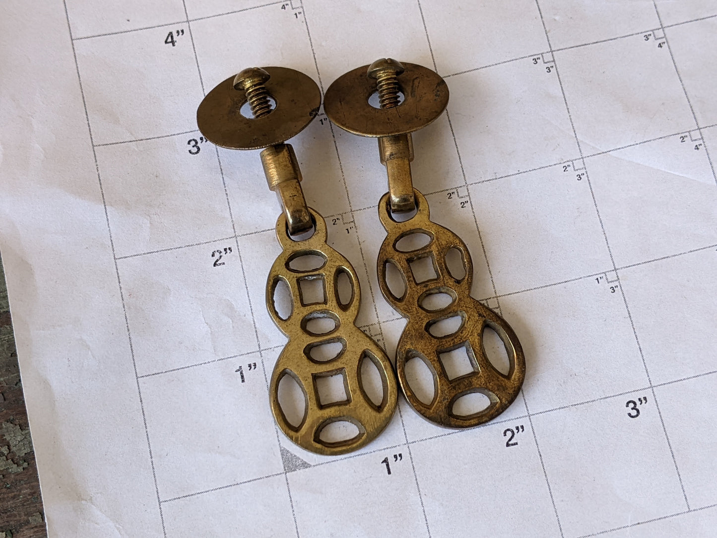 Vintage Asian Style Drawer Pulls w Cast Hinged Pull Brass Plated Finish !! Awesome Vintage Restoration & Creative Hardware !!