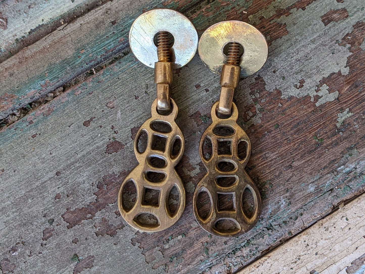 Vintage Asian Style Drawer Pulls w Cast Hinged Pull Brass Plated Finish !! Awesome Vintage Restoration & Creative Hardware !!