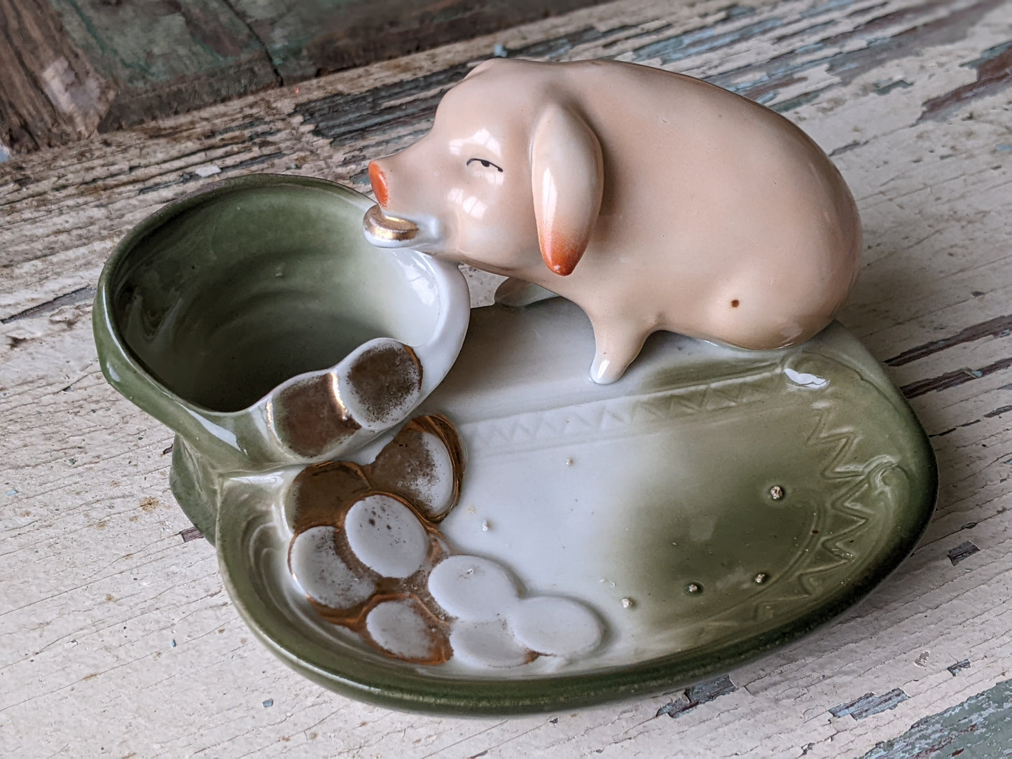 1890s - 1910s Pig Fairing German Hand-painted Porcelain Toothpick Trinket Dish !! Rare Amazing Vintage Gifts & Collectibles