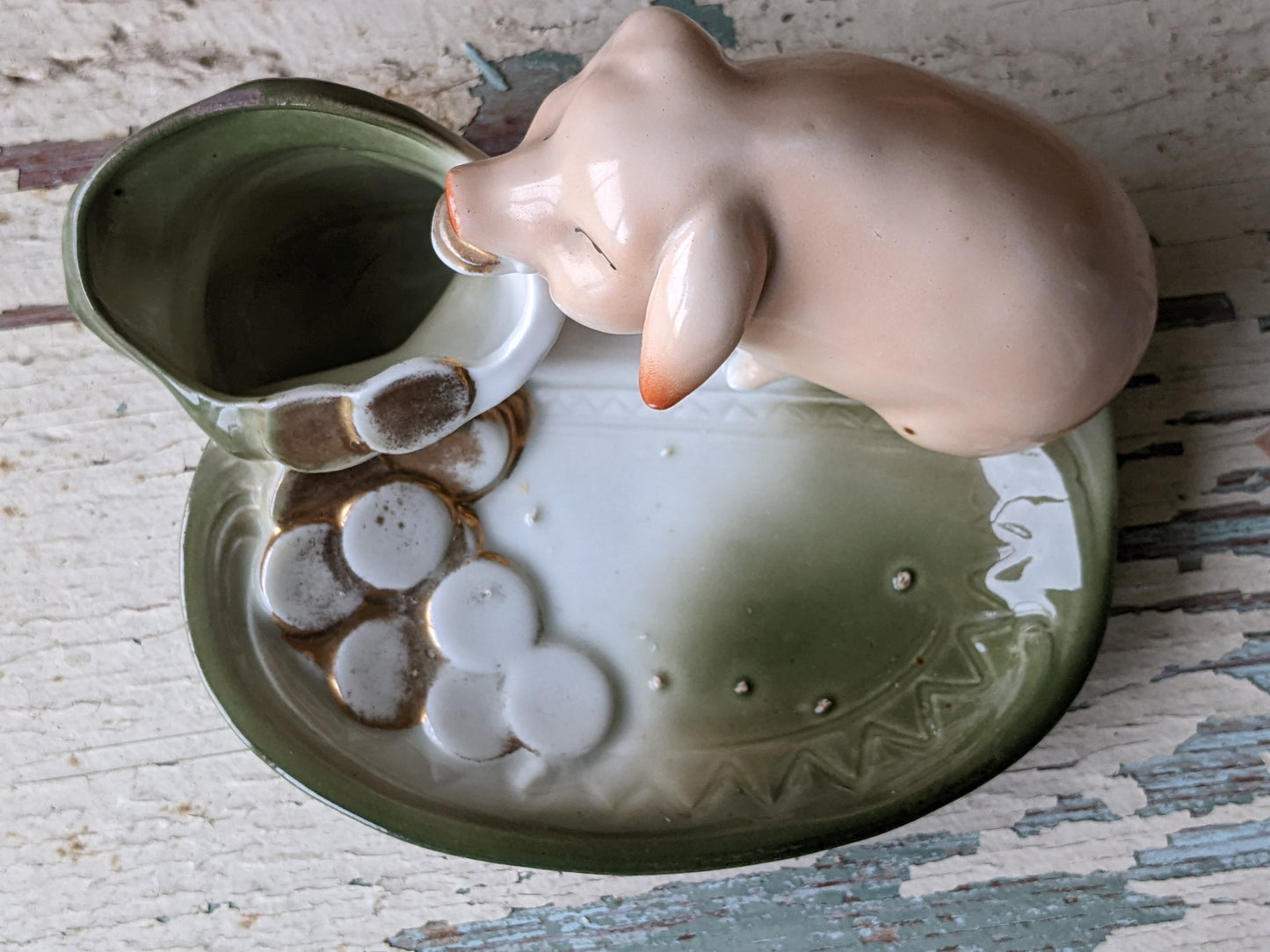 1890s - 1910s Pig Fairing German Hand-painted Porcelain Toothpick Trinket Dish !! Rare Amazing Vintage Gifts & Collectibles
