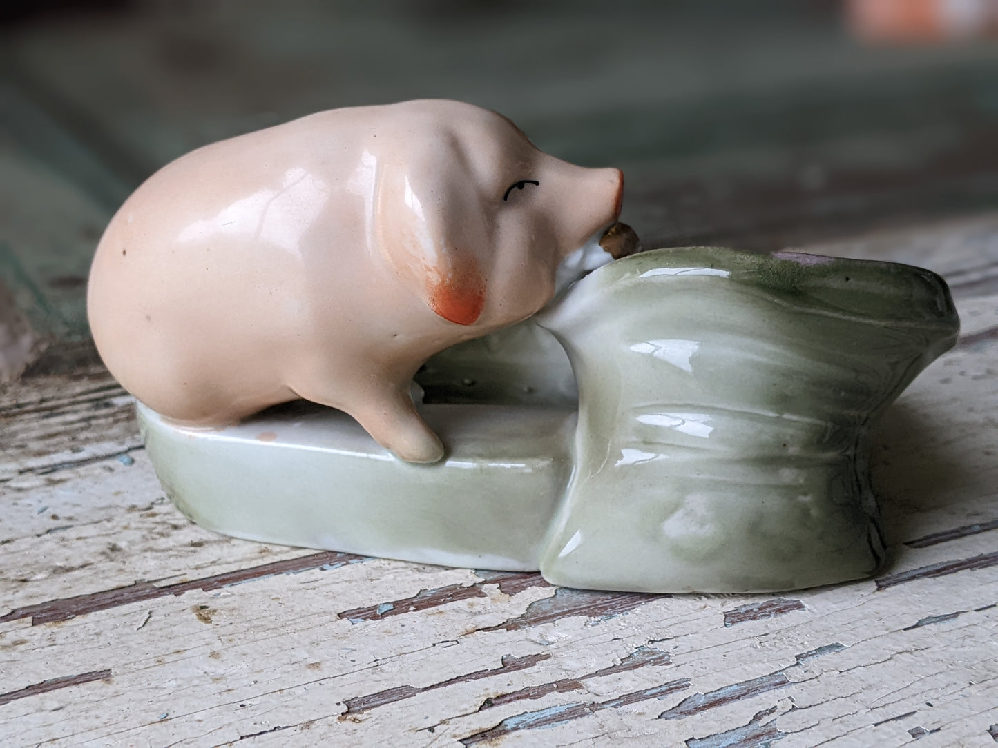 1890s - 1910s Pig Fairing German Hand-painted Porcelain Toothpick Trinket Dish !! Rare Amazing Vintage Gifts & Collectibles