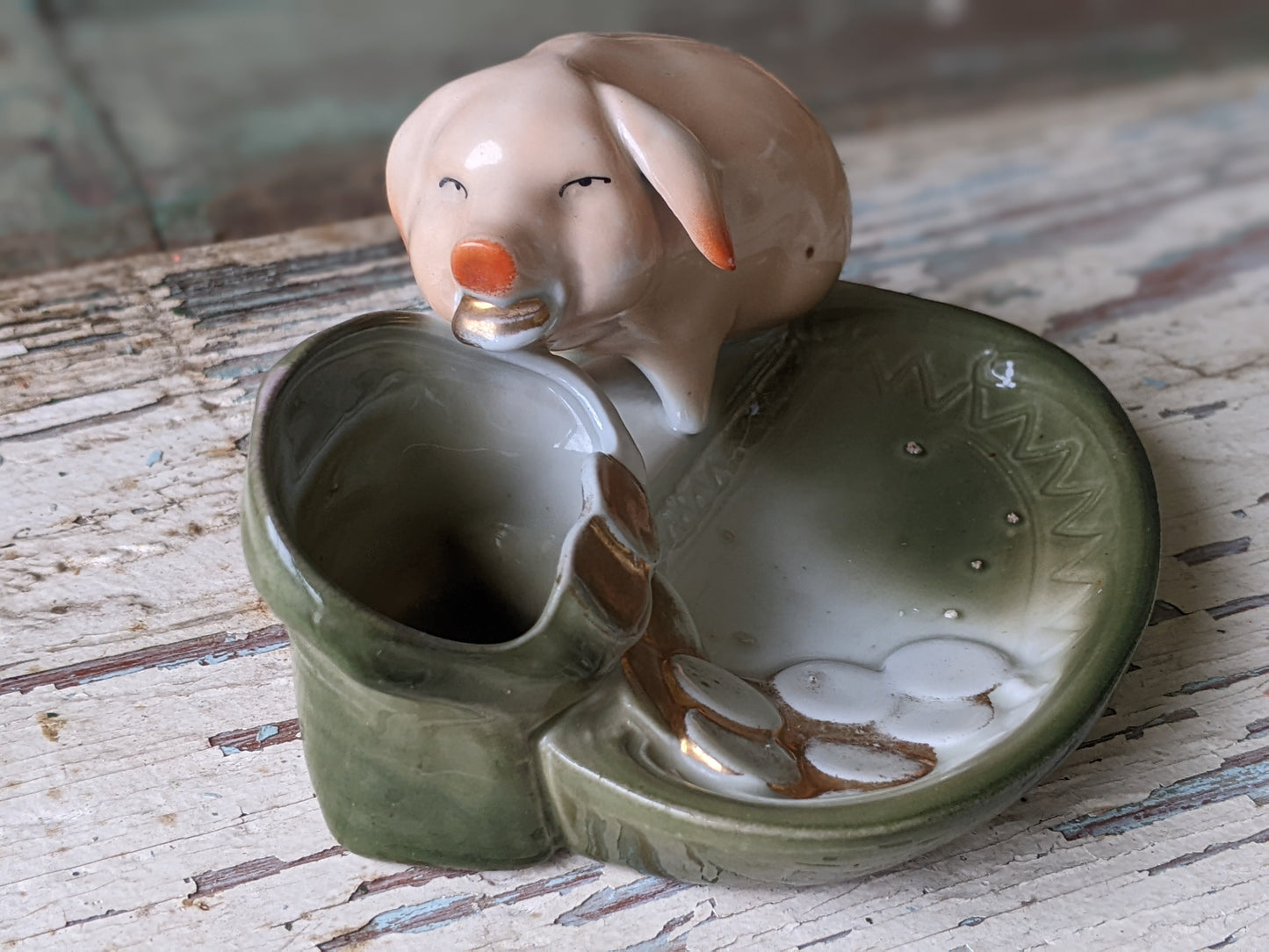 1890s - 1910s Pig Fairing German Hand-painted Porcelain Toothpick Trinket Dish !! Rare Amazing Vintage Gifts & Collectibles
