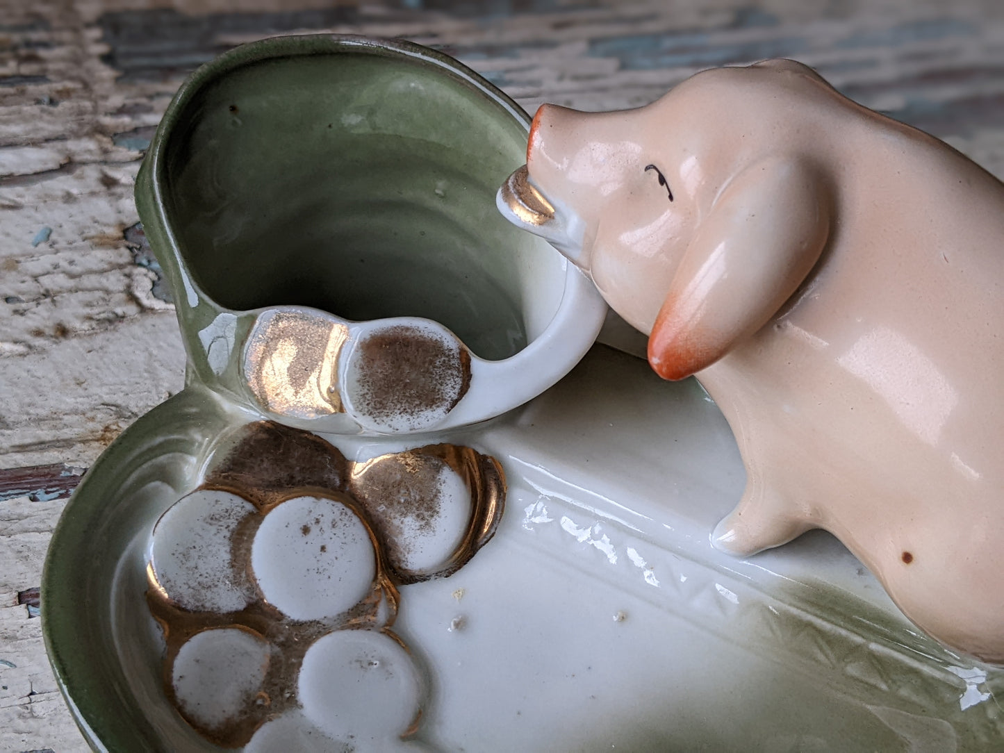 1890s - 1910s Pig Fairing German Hand-painted Porcelain Toothpick Trinket Dish !! Rare Amazing Vintage Gifts & Collectibles