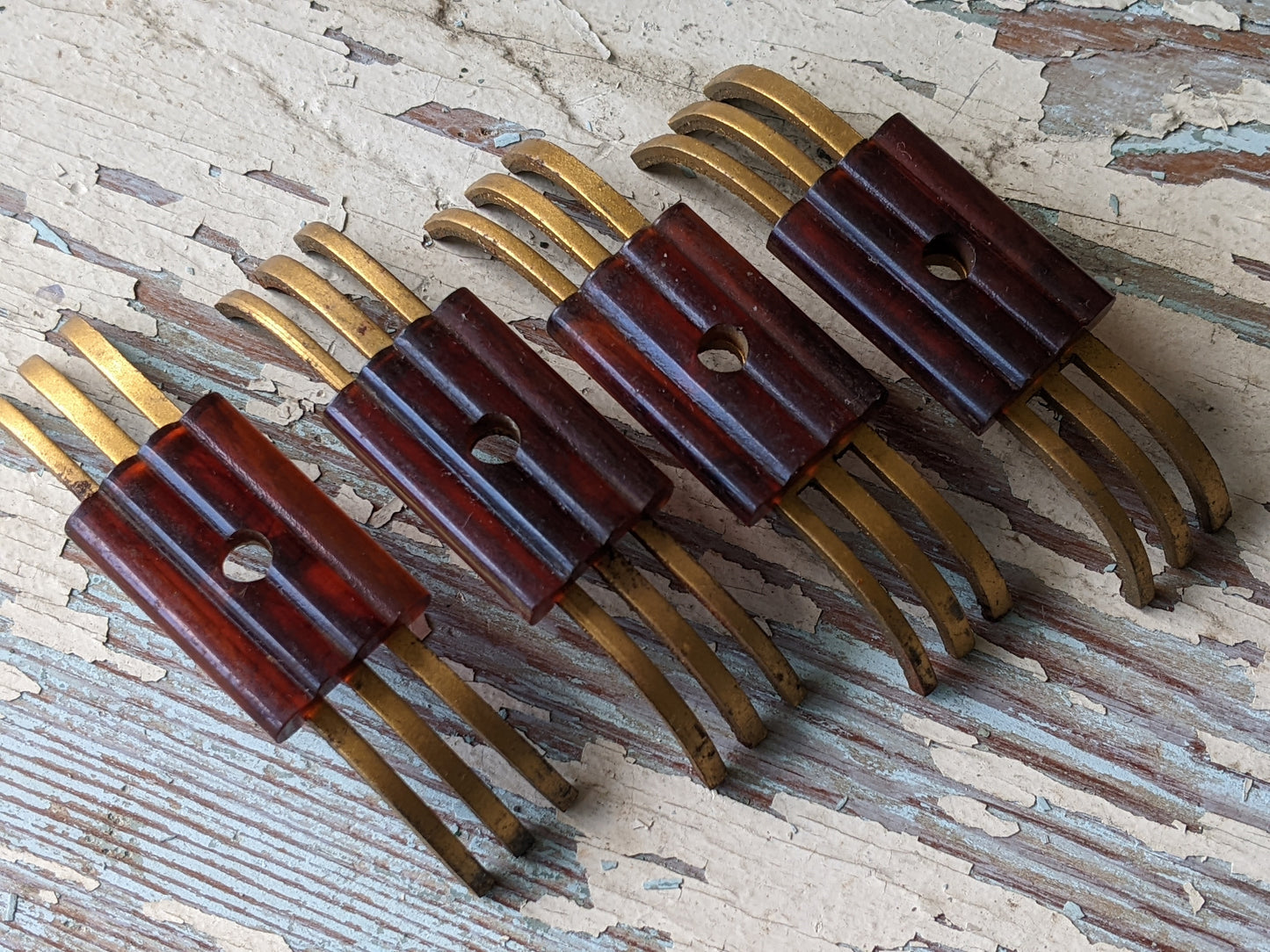 1920s - 1930s !! Ultra-Rare Original !! Salvaged Triband Bakelite Art Deco Drawer Pulls Set of 4 Amazing Apocalyptic Style Vintage Decor !!
