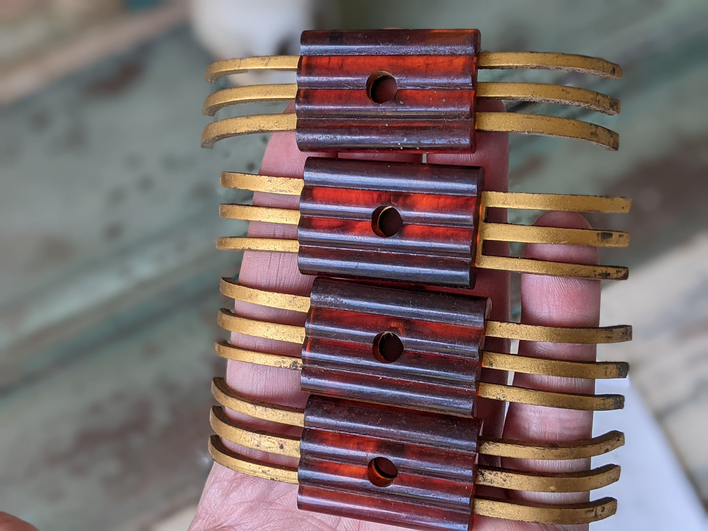 1920s - 1930s !! Ultra-Rare Original !! Salvaged Triband Bakelite Art Deco Drawer Pulls Set of 4 Amazing Apocalyptic Style Vintage Decor !!