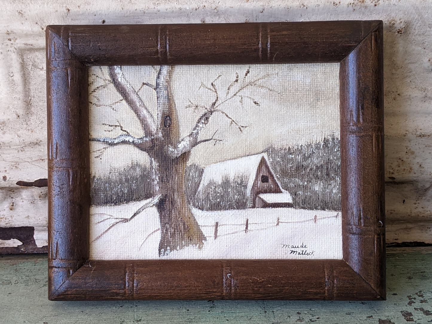 1977 Original Signed Oil on Canvas by Maude Matlock Log Cabin Winter 6" x 5" Frame !! Original Vintage Gifts & Collectibles