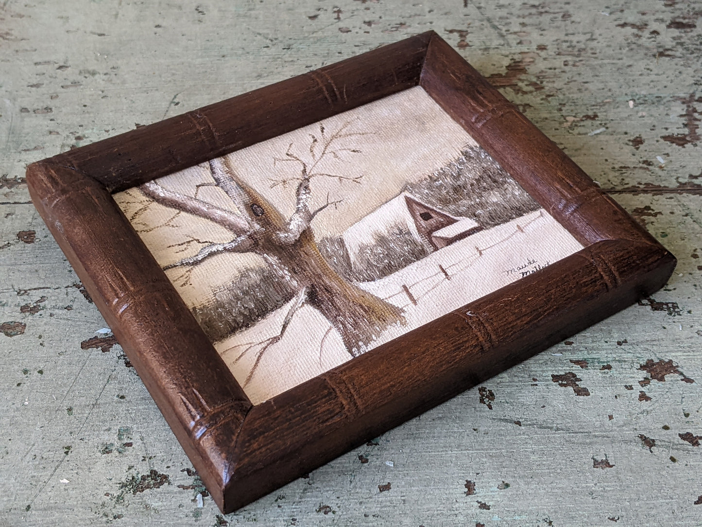 1977 Original Signed Oil on Canvas by Maude Matlock Log Cabin Winter 6" x 5" Frame !! Original Vintage Gifts & Collectibles