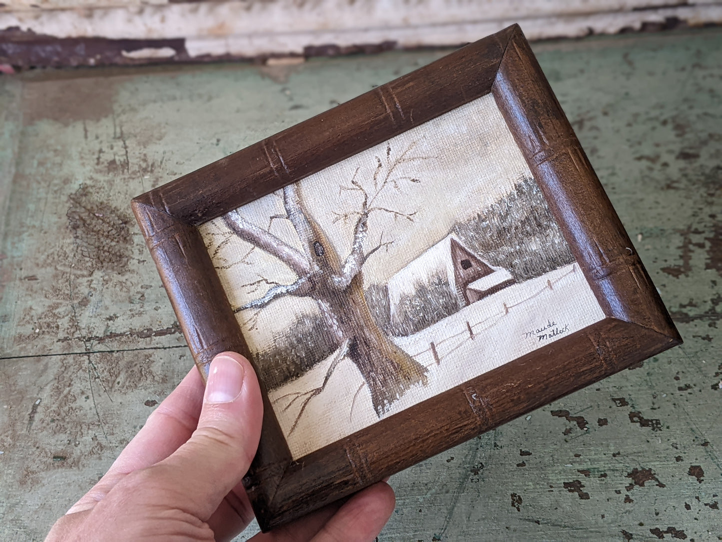 1977 Original Signed Oil on Canvas by Maude Matlock Log Cabin Winter 6" x 5" Frame !! Original Vintage Gifts & Collectibles