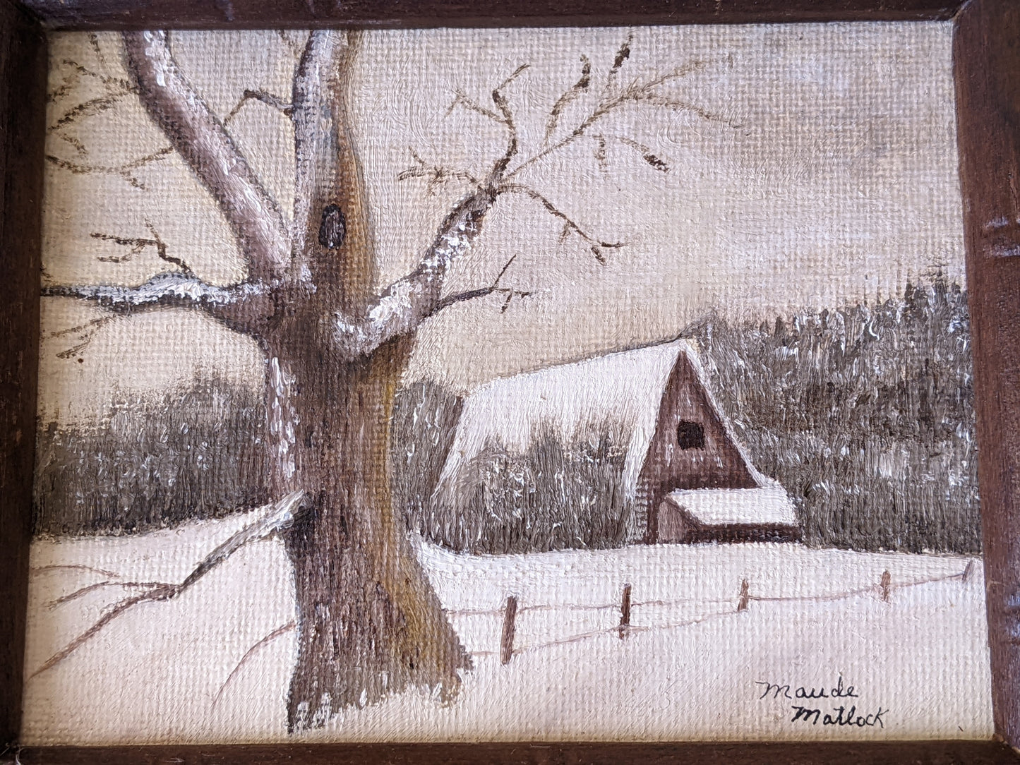 1977 Original Signed Oil on Canvas by Maude Matlock Log Cabin Winter 6" x 5" Frame !! Original Vintage Gifts & Collectibles