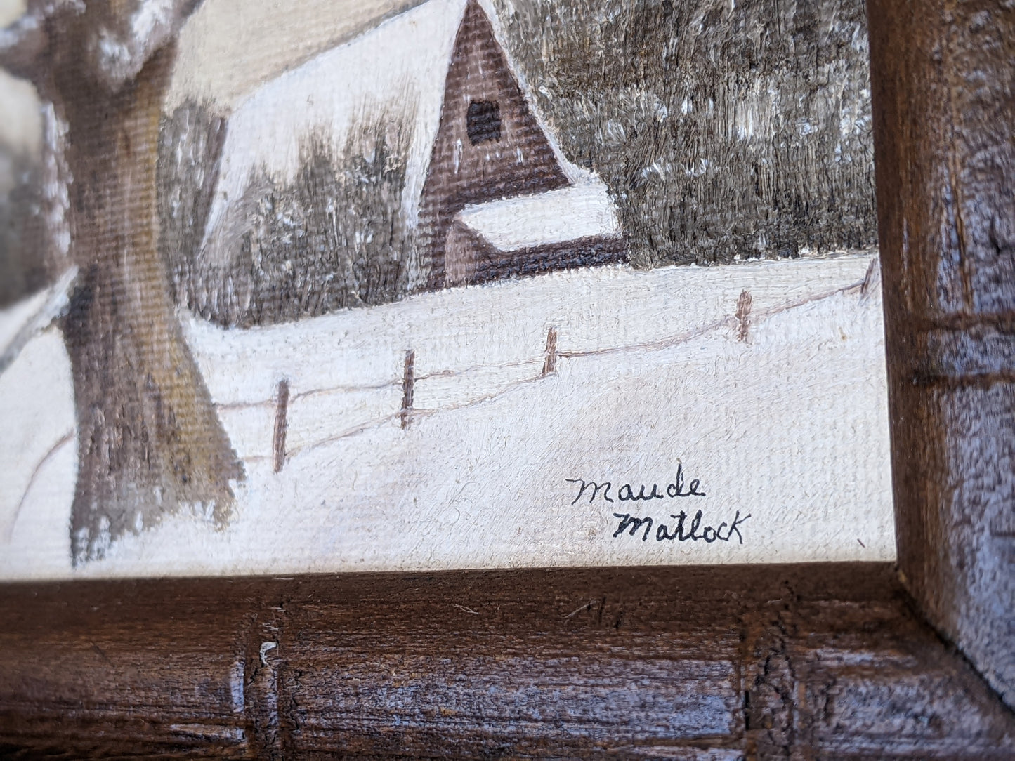1977 Original Signed Oil on Canvas by Maude Matlock Log Cabin Winter 6" x 5" Frame !! Original Vintage Gifts & Collectibles