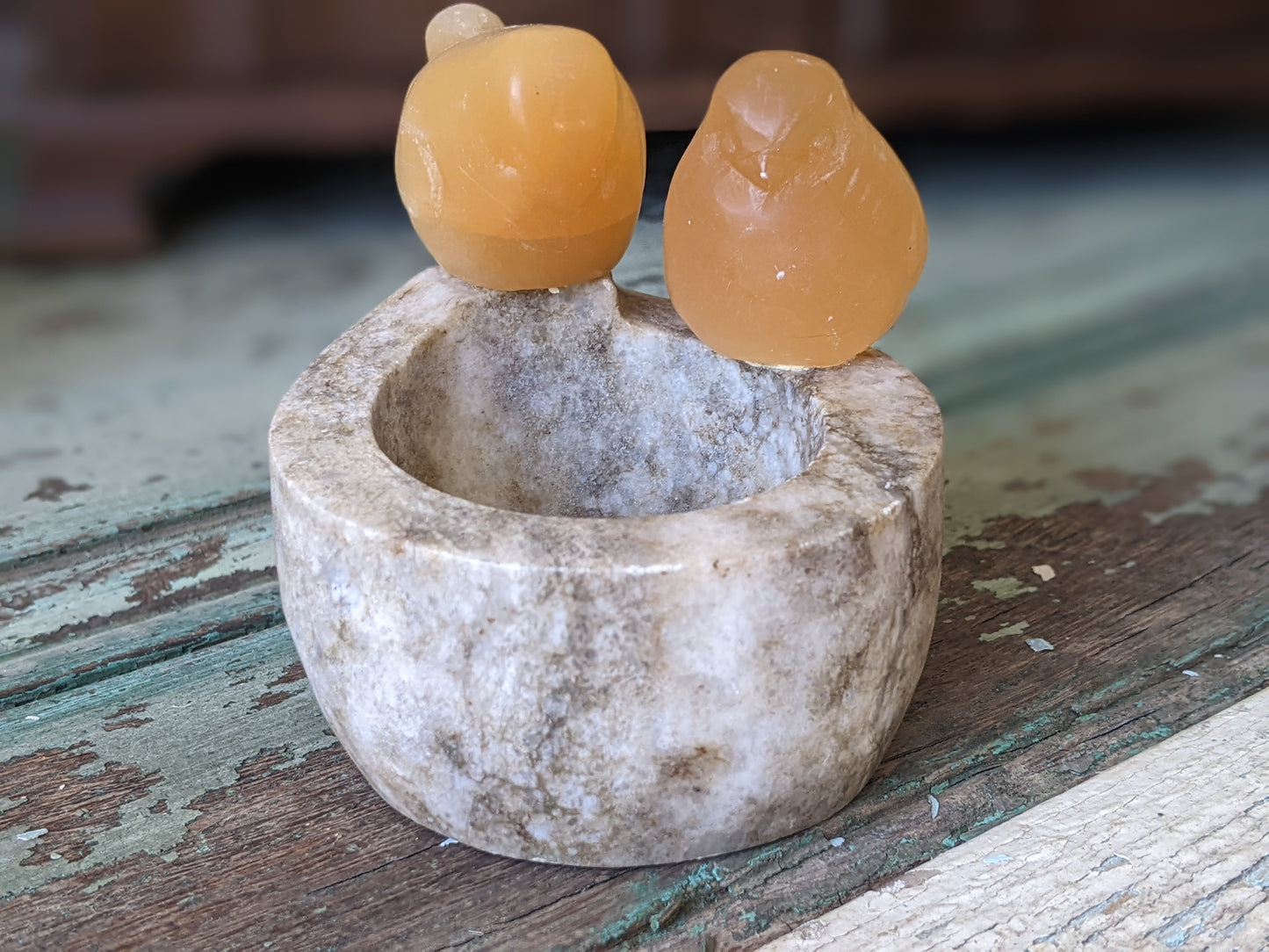 Vintage Orange Selenite Birds Perched Carved Stone Bowl Gypsum Crystal !! Natural Healing Gifts & Collectibles