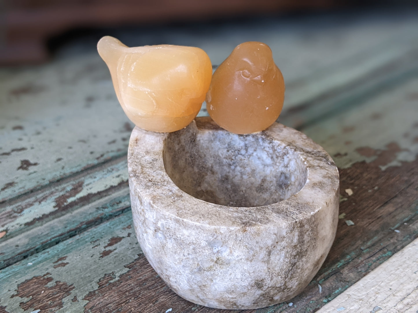 Vintage Orange Selenite Birds Perched Carved Stone Bowl Gypsum Crystal !! Natural Healing Gifts & Collectibles