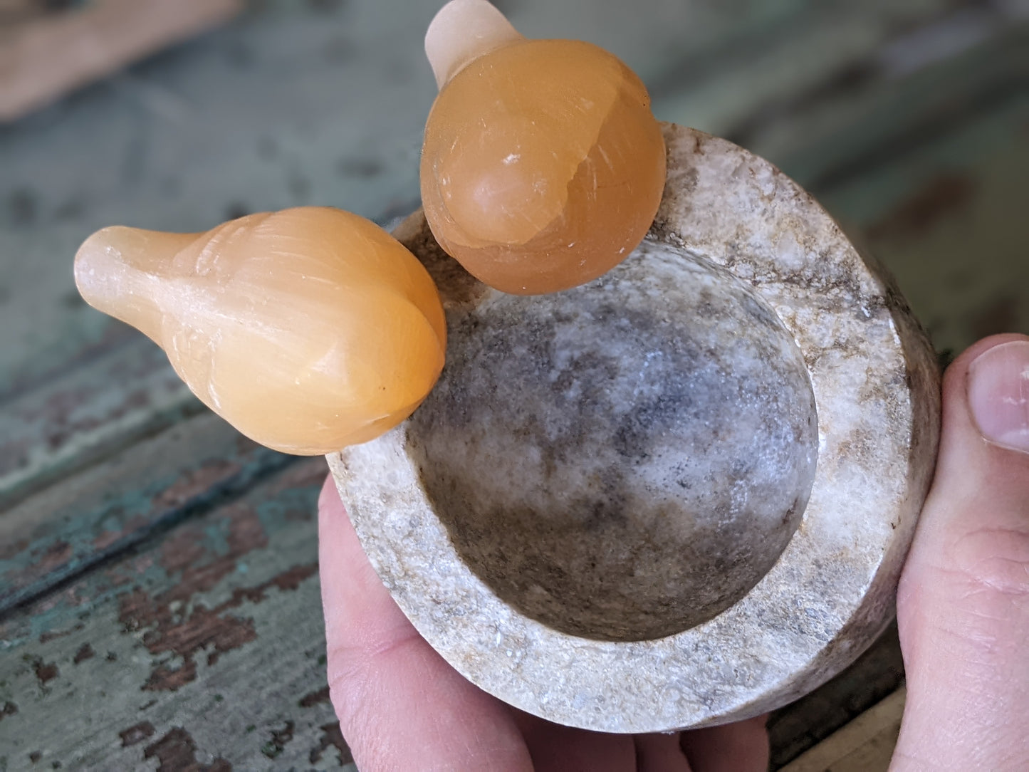 Vintage Orange Selenite Birds Perched Carved Stone Bowl Gypsum Crystal !! Natural Healing Gifts & Collectibles