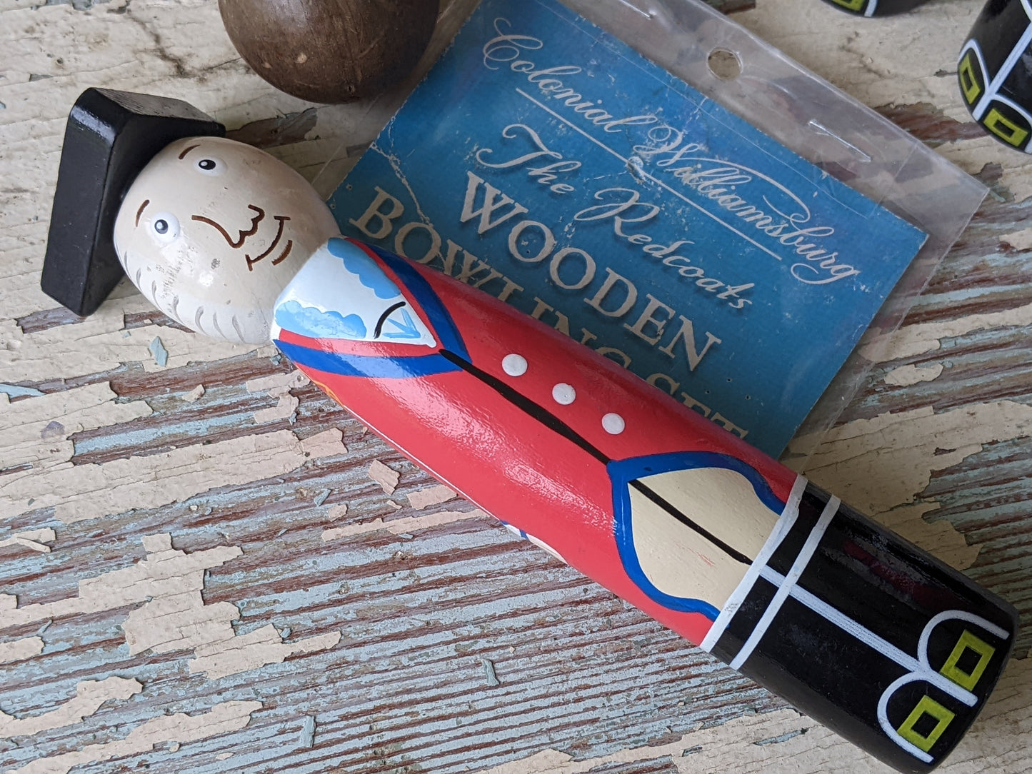 Vintage Wooden Bowling Set Colonial Williamsburg Redcoats Revolution 6 pcs Ball !! Joyful Vintage Souvenir Gifts & Collectibles