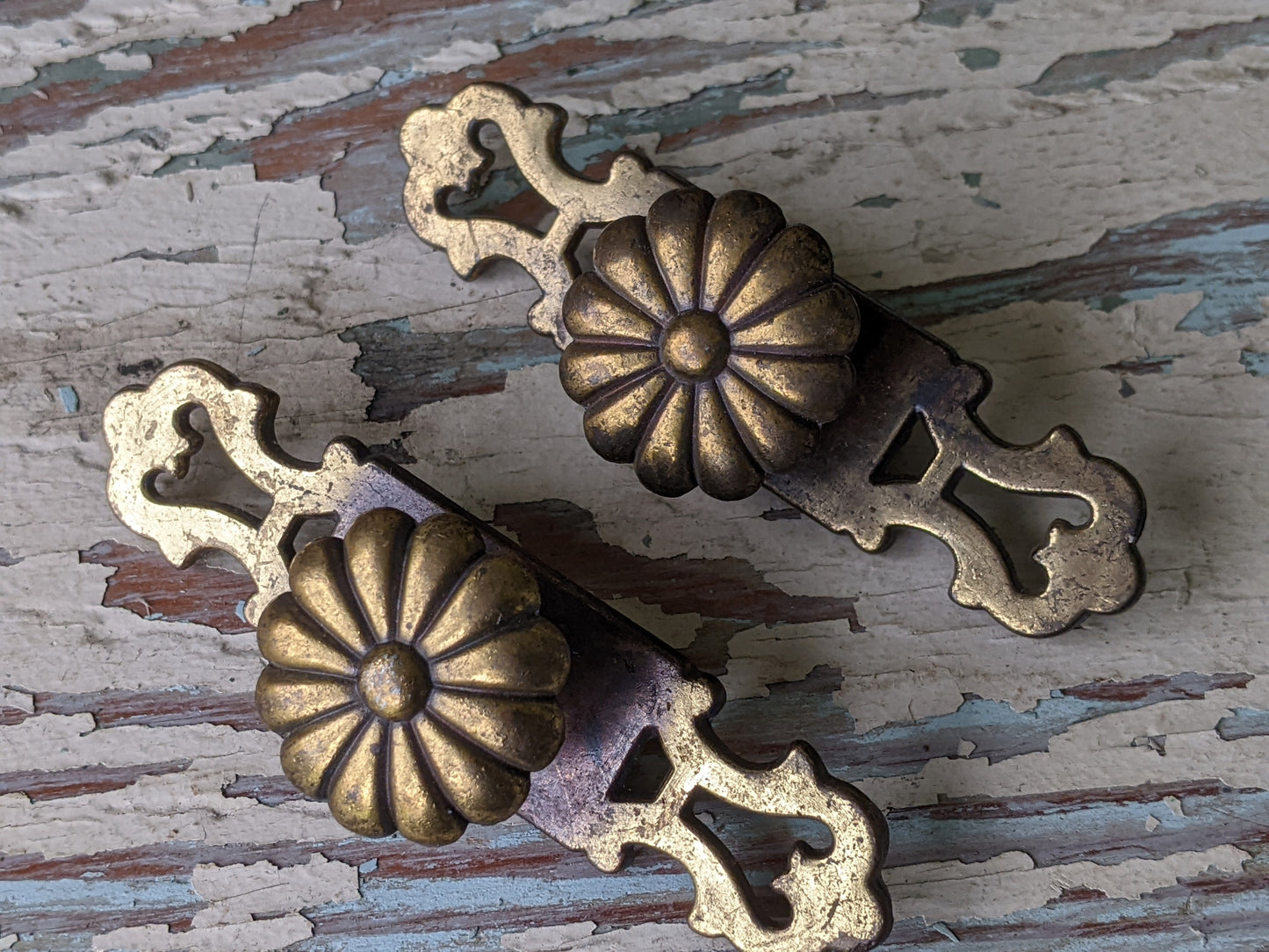 1960s Flower Daisy Cabinet Drawer Pull Brass Finish With Mounting Plate No.1808 K2500 !! Rare Vintage Hardware & Restoration Gifts