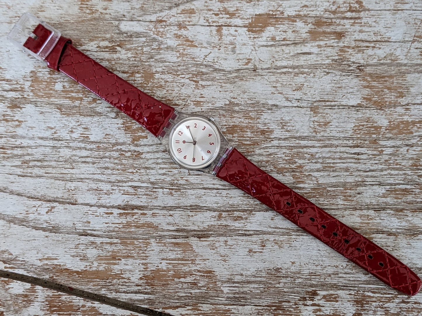 2003 Swatch "Strawberry Jam" LK243 Slim Ladies Wrist Watch **Red Quilted Leather