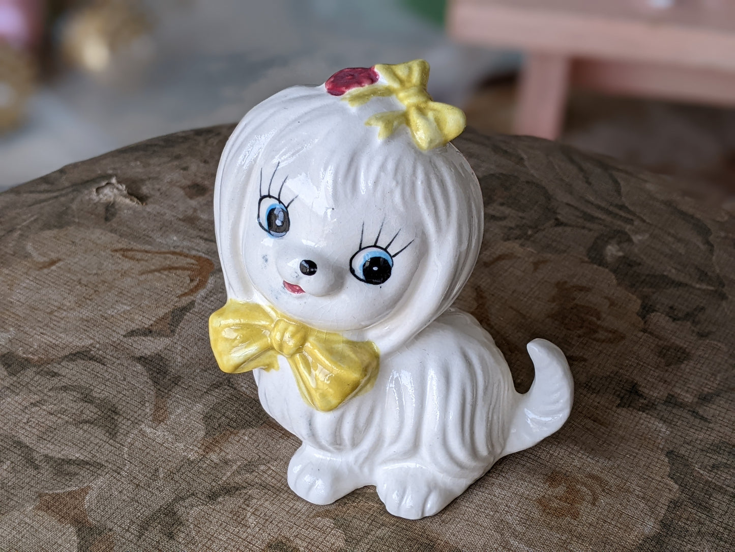 1950s Mr. Toodles Figurine by Lefton Japan Yellow Bow Kitschy Cute !! Fun & Joyful Vintage Gift Ideas !!