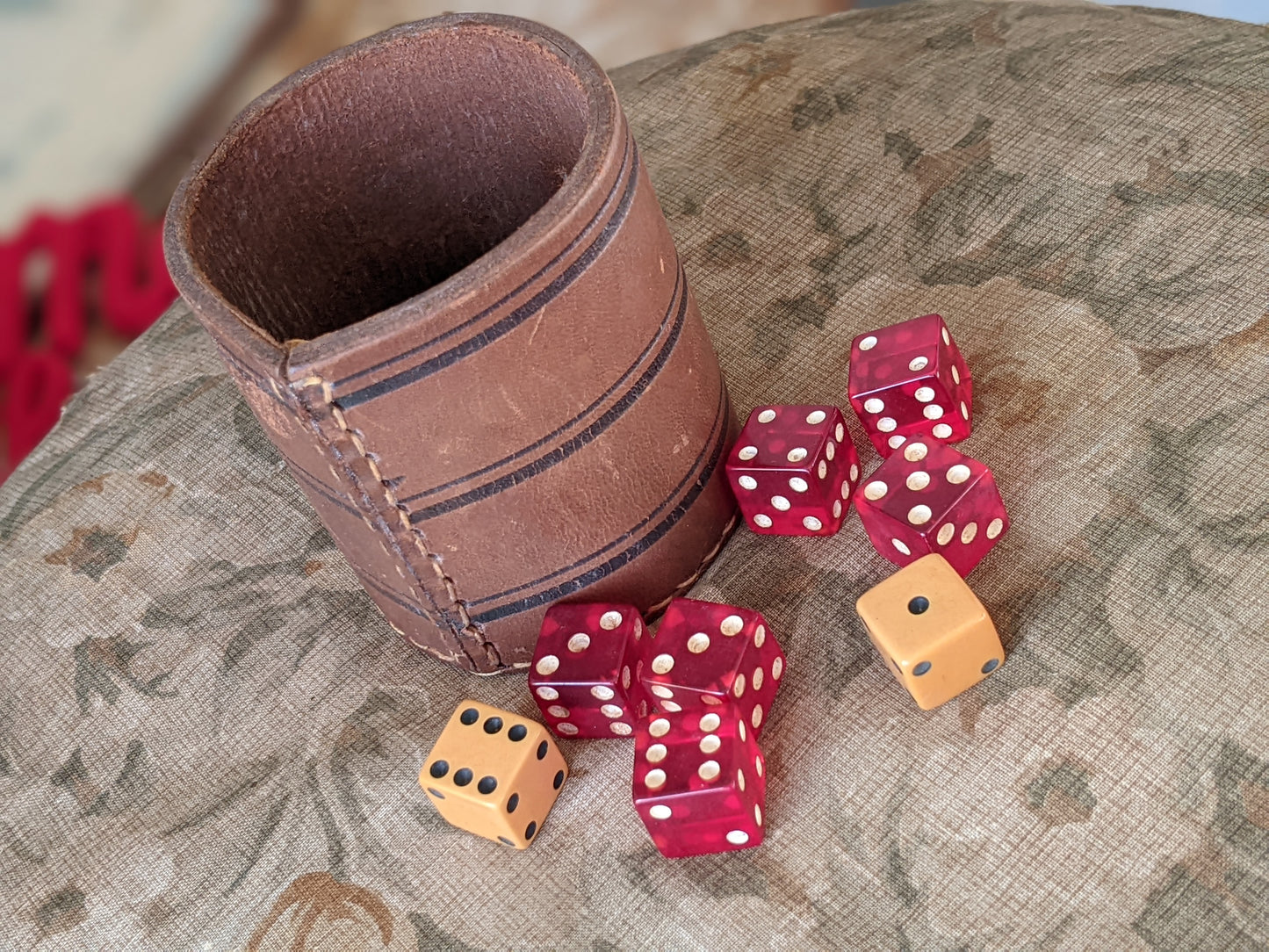 1950s Juicy Cherry Red Bakelite & Butterscotch Dice w Leather Shaker Cup