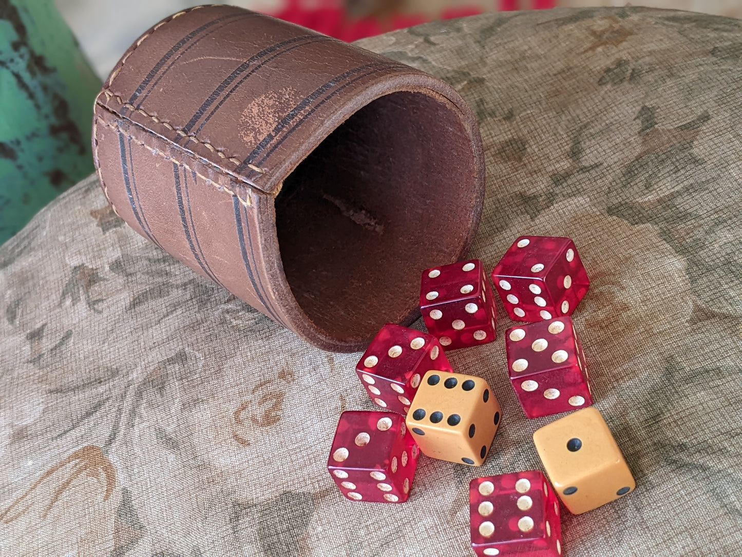 1950s Juicy Cherry Red Bakelite & Butterscotch Dice w Leather Shaker Cup