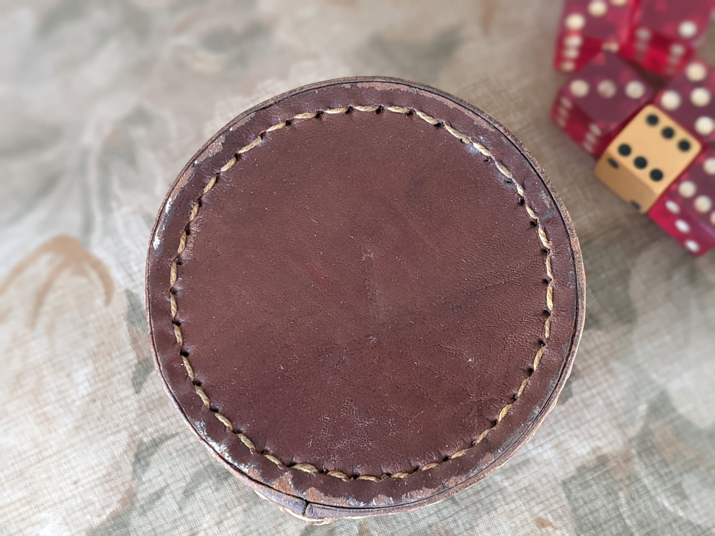 1950s Juicy Cherry Red Bakelite & Butterscotch Dice w Leather Shaker Cup