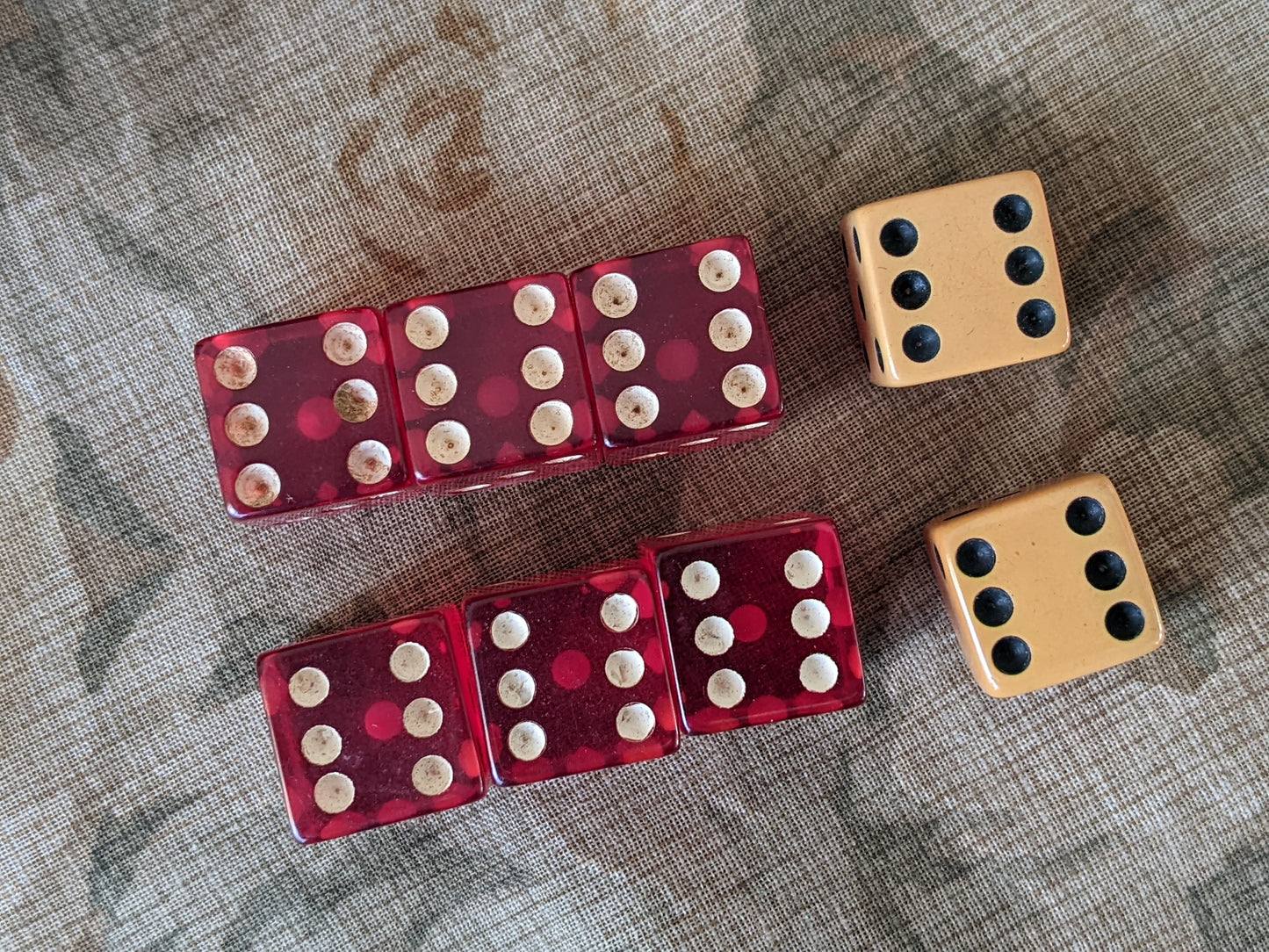 1950s Juicy Cherry Red Bakelite & Butterscotch Dice w Leather Shaker Cup