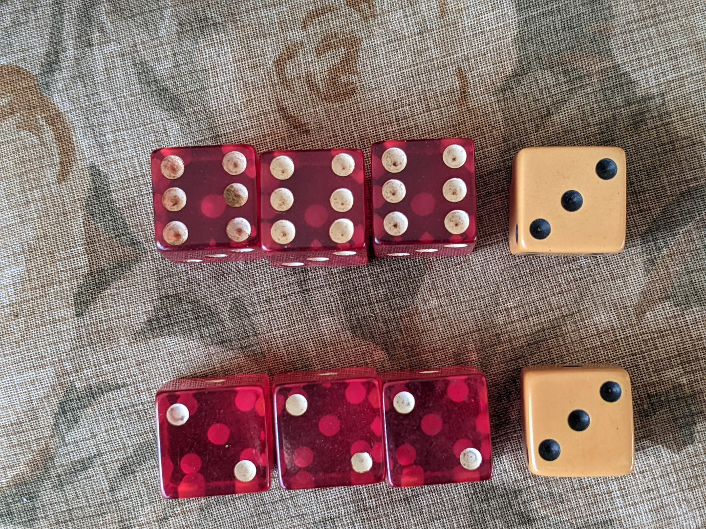 1950s Juicy Cherry Red Bakelite & Butterscotch Dice w Leather Shaker Cup