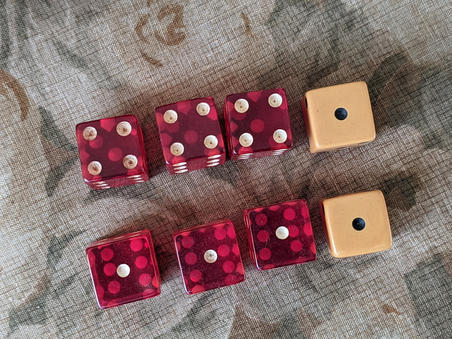 1950s Juicy Cherry Red Bakelite & Butterscotch Dice w Leather Shaker Cup