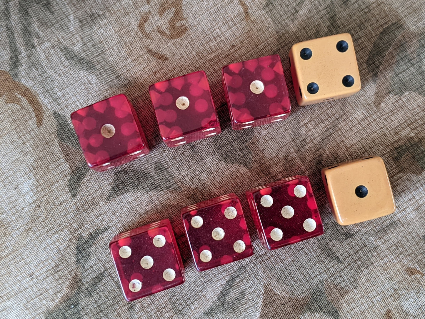 1950s Juicy Cherry Red Bakelite & Butterscotch Dice w Leather Shaker Cup