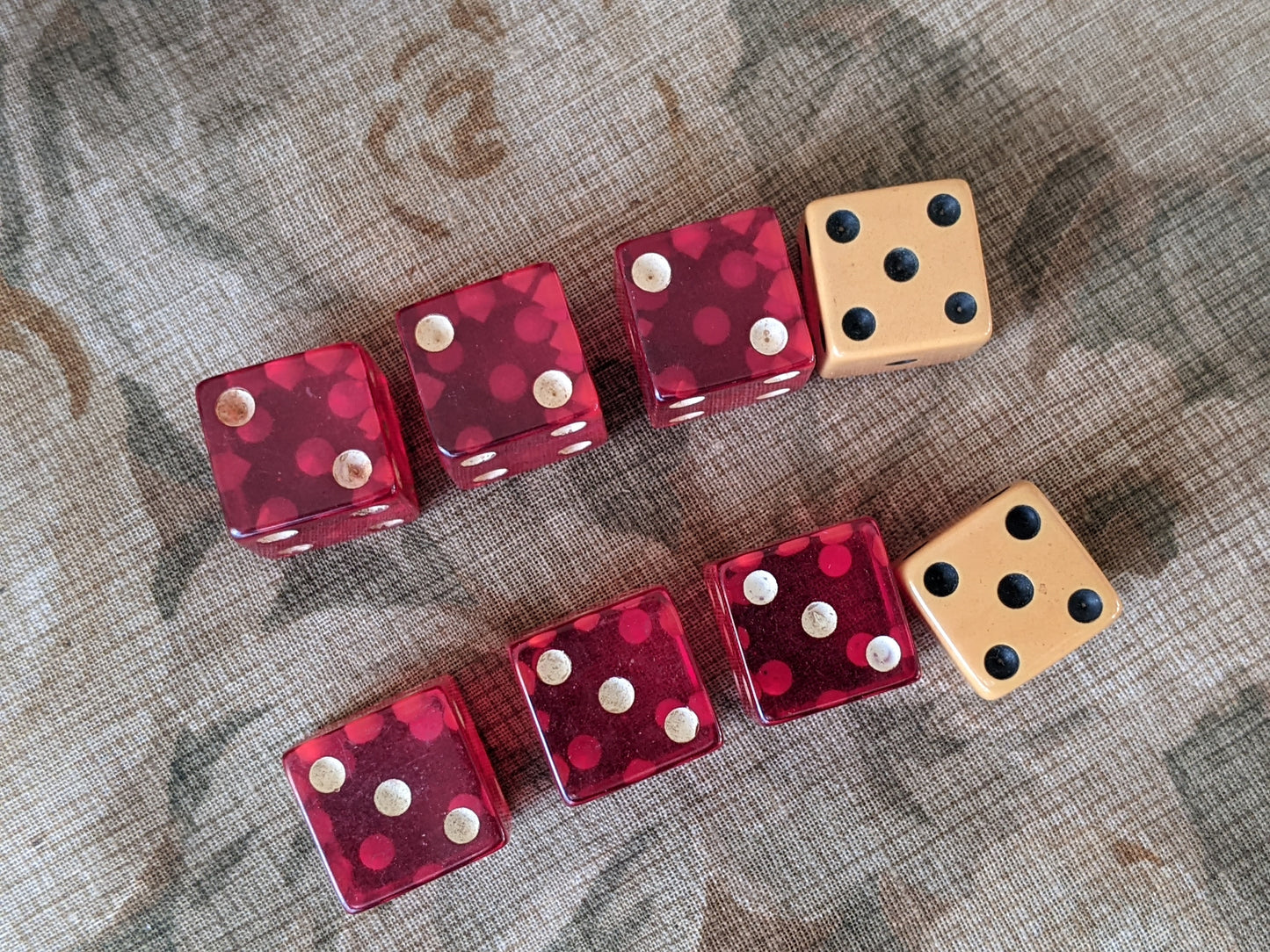 1950s Juicy Cherry Red Bakelite & Butterscotch Dice w Leather Shaker Cup