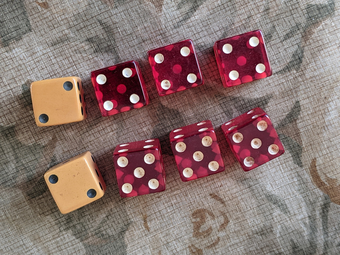 1950s Juicy Cherry Red Bakelite & Butterscotch Dice w Leather Shaker Cup