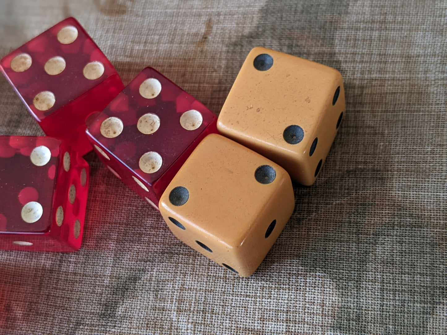 1950s Juicy Cherry Red Bakelite & Butterscotch Dice w Leather Shaker Cup