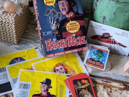 1988 Fright Flicks Ultra-Complete Collection by Topps - 90 Cards, 11 Stickers, 1 Empty Box, 4 Wax Wrappers, 1 Postcard