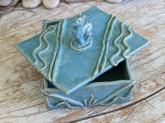 Vintage One-Of-A-Kind Hand Made Crested Blue Glazed Trinket Box Dish