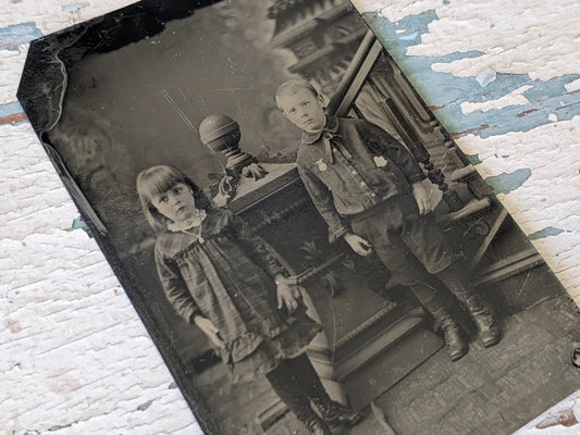 Vintage Tintype Young Sister and Brother Studio Portrait