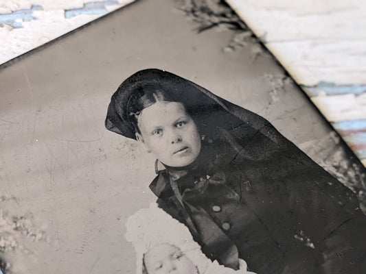 Vintage Tintype Studio Portrait of Young Mother & Child