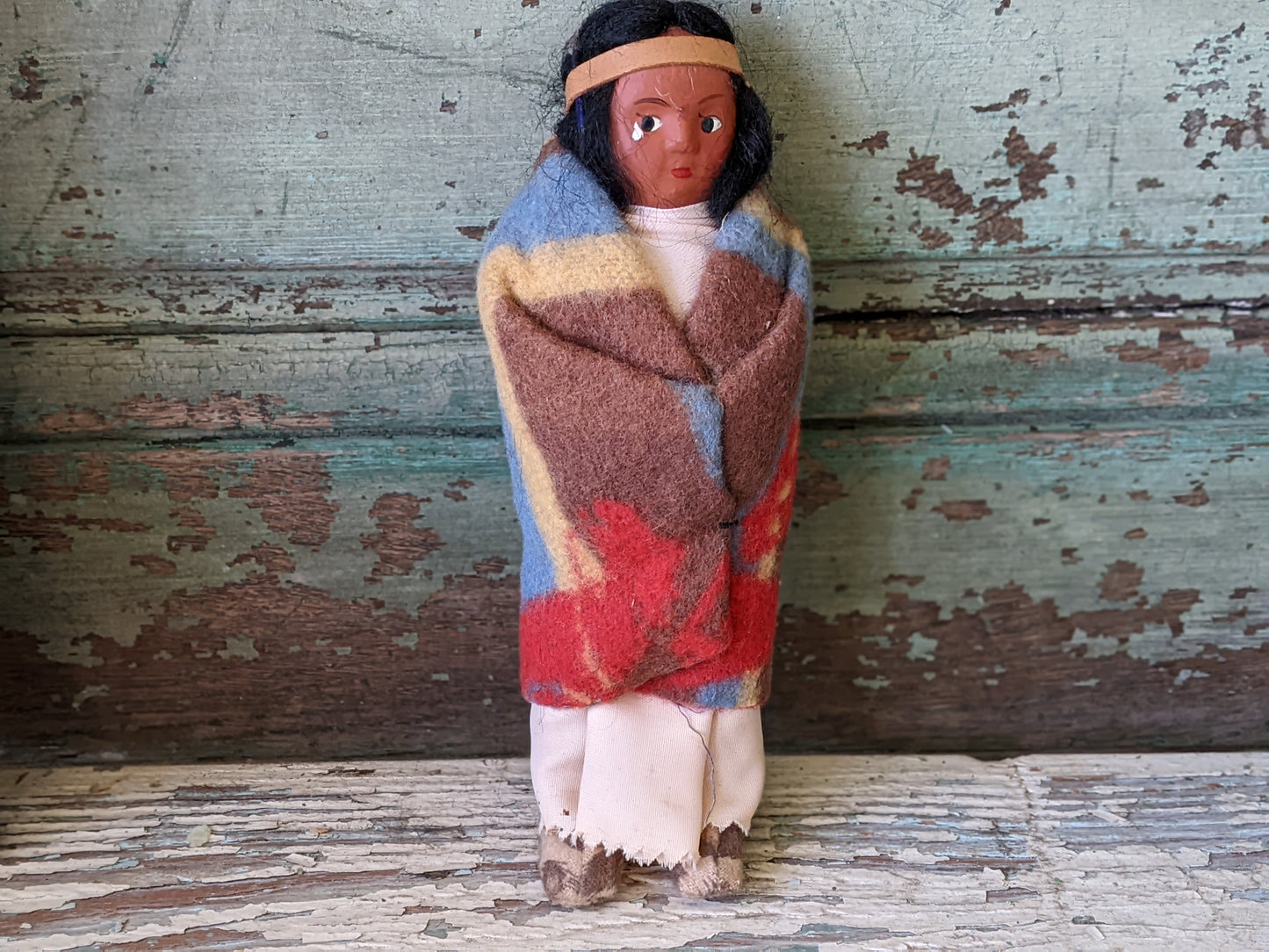 1930s Skookum Doll w Blanket Feather & Moccasins **Nice Condition