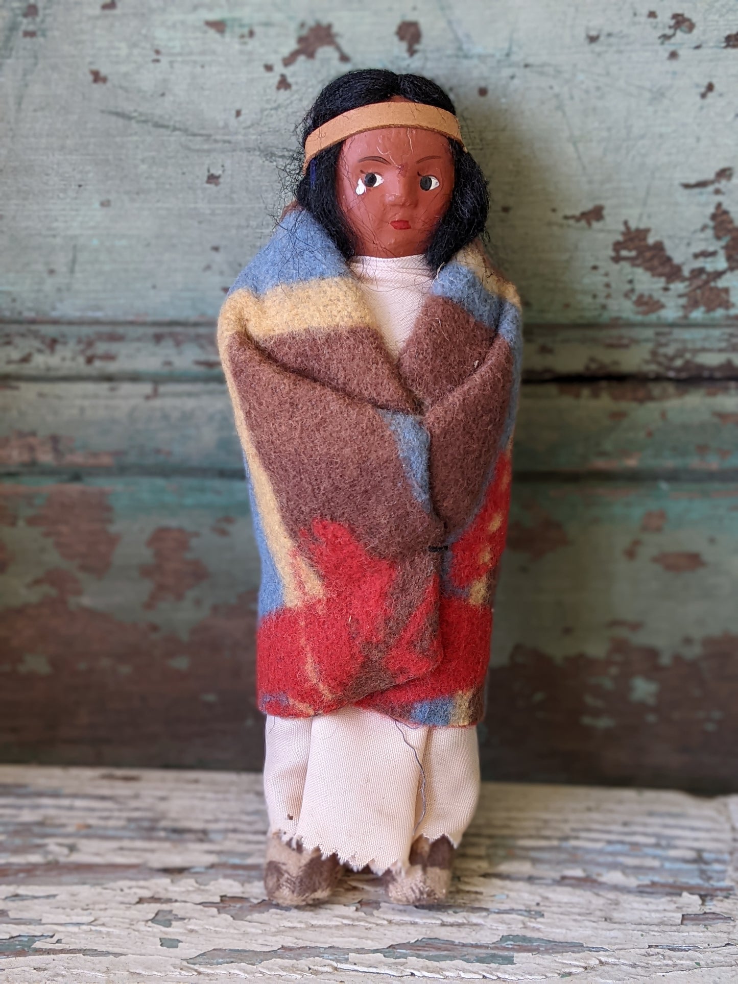 1930s Skookum Doll w Blanket Feather & Moccasins **Nice Condition