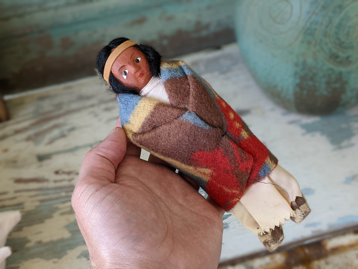 1930s Skookum Doll w Blanket Feather & Moccasins **Nice Condition