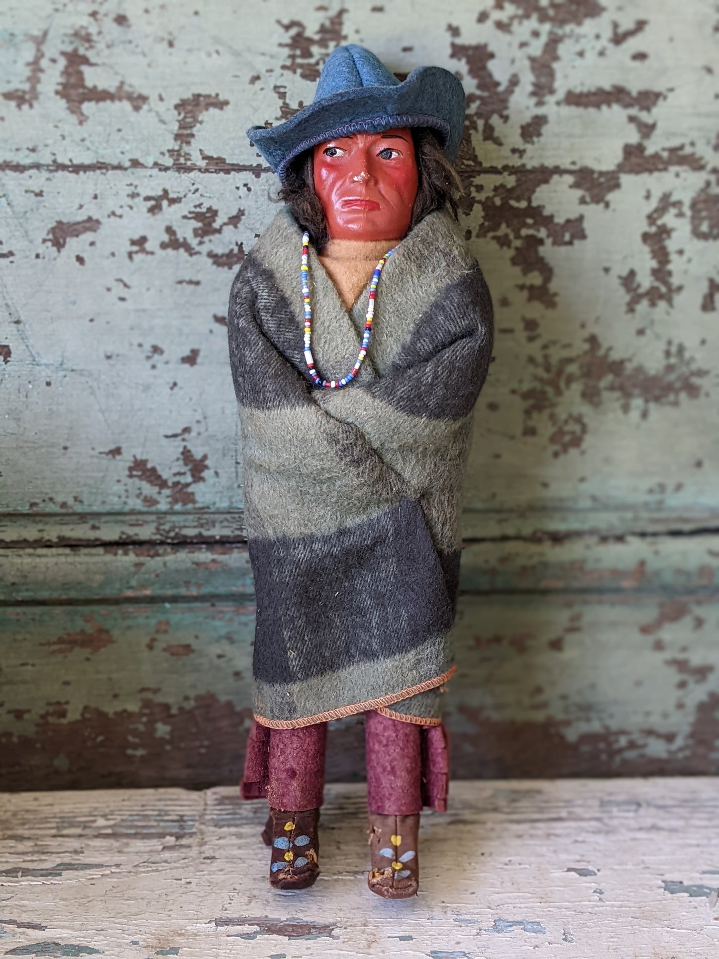 1910s Rare Skookum Doll w Original Leather Moccasins Beads Hat **Awesome!!