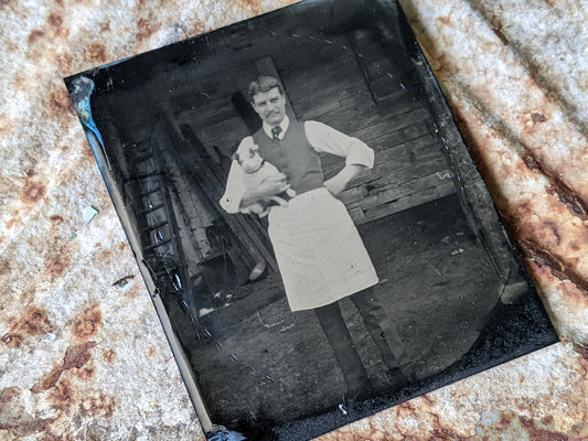 Vintage Tintype Outdoors Portrait Man in Apron w Dog