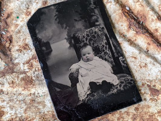 Vintage Tintype Portrait Infant Toddler In Chair