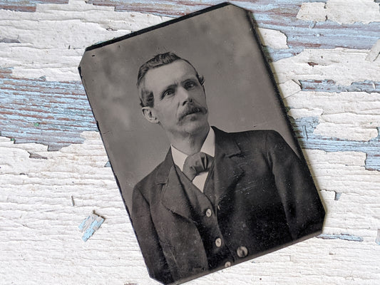 Vintage Tintype Studio Portrait of Adult Male Suit Mustache