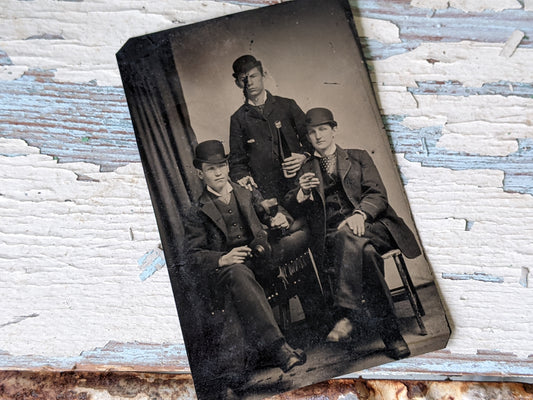 Vintage Tintype Friends Group Portrait Bolo Hats Suits Drinks & Cigars