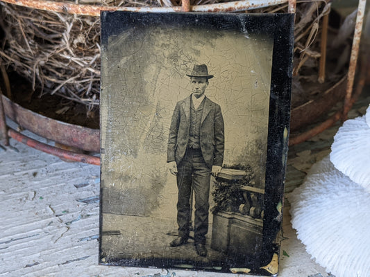 Vintage Tintype Young Man Hat Studio Portrait