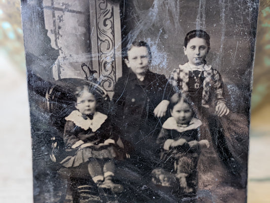 Vintage Tintype Group Studio Portrait Four Siblings