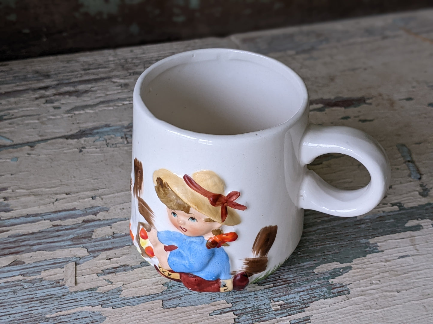 1950s Mug 3D Relief Girl Picking Flowers Made In Japan