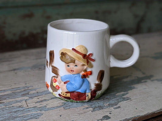 1950s Mug 3D Relief Girl Picking Flowers Made In Japan